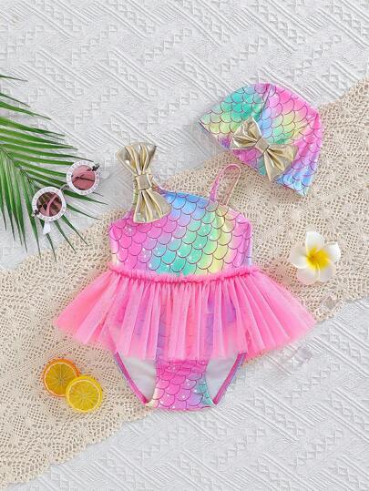 女宝宝可爱彩色肩带 3D 蝴蝶结网眼泳衣带泳帽，适合夏季日常外出和游泳