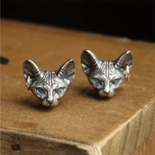 1pair Unique Sphinx Cat Ear Stud Earrings, Golden Hoop Dangling Cat Earrings, Fashionable Jewelry Accessory Gift For Men And Women - Antique Silver - View 3