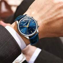 1pc Round Quartz Watch For Business Men, PU Leather Strap, Zinc Alloy Pointer, Gift For Boyfriend Or Father