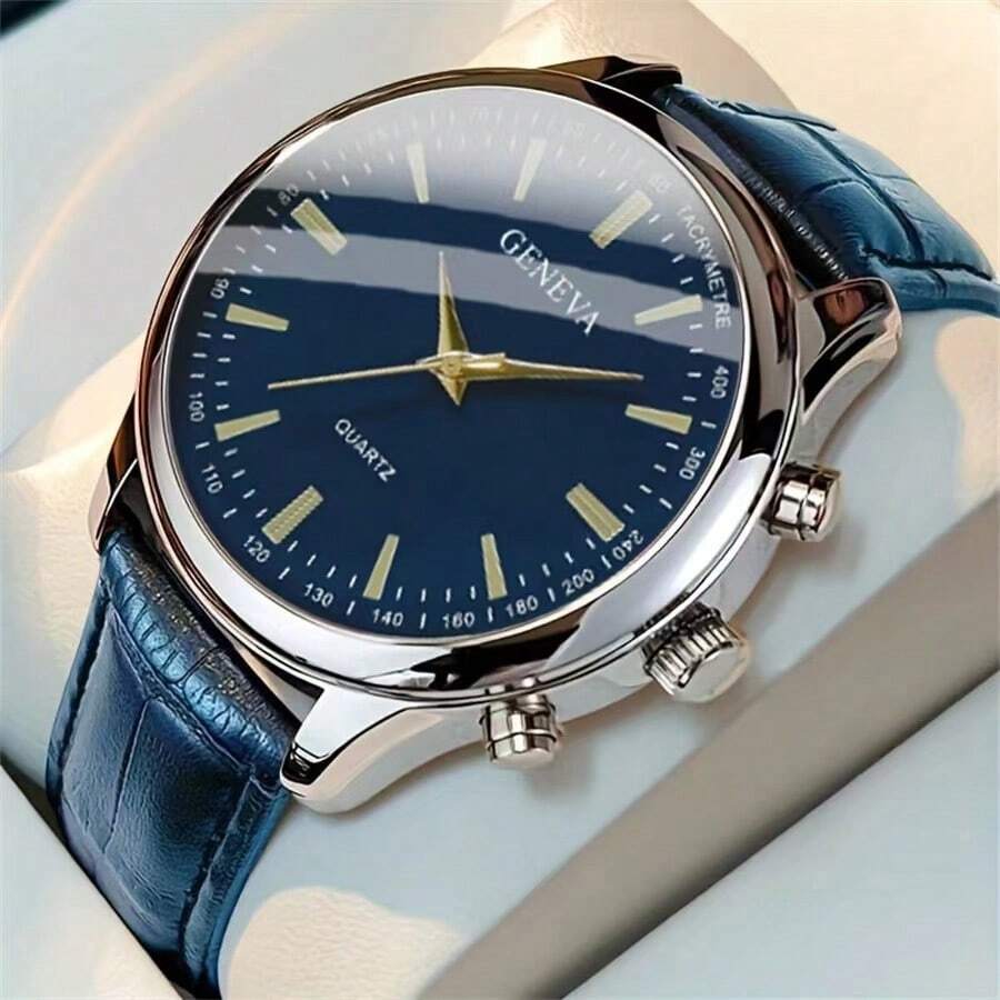 1pc Round Quartz Watch For Business Men, PU Leather Strap, Zinc Alloy Pointer, Gift For Boyfriend Or Father