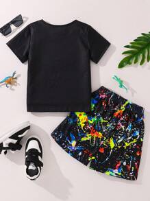 Young Boy Fluorescent Dinosaur Print T-Shirt And Shorts Set, Soft Knitted Casual Sports Outfit For Summer