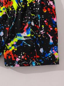 Young Boy Fluorescent Dinosaur Print T-Shirt And Shorts Set, Soft Knitted Casual Sports Outfit For Summer