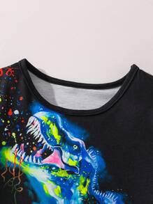 Young Boy Fluorescent Dinosaur Print T-Shirt And Shorts Set, Soft Knitted Casual Sports Outfit For Summer