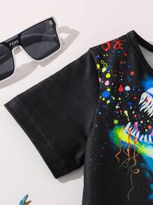 Young Boy Fluorescent Dinosaur Print T-Shirt And Shorts Set, Soft Knitted Casual Sports Outfit For Summer