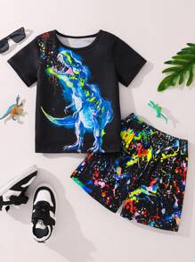 Young Boy Fluorescent Dinosaur Print T-Shirt And Shorts Set, Soft Knitted Casual Sports Outfit For Summer