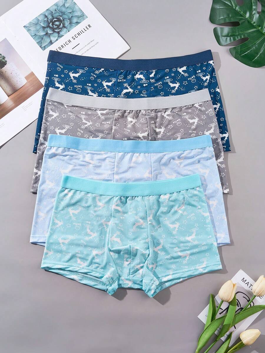 4pcs/Set Men's Breathable And Cool Deer Printed Boxer Briefs For Summer - Multicolor - View 1