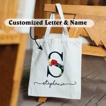 Portable Large-Capacity Simple Beach Bag, School Bag, Commuter Canvas Bag, Sports Backpack, Luggage Bag, Fitness Bag With Personalized Name And A-Z Letter Pattern, Suitable For Business/Commuting/Christmas/Leisure Vacation/Outdoor Outing/Travel/Stadium/Sports/Rock Climbing, Suitable For Girls, Girls, Women, Mothers, Exquisite Gifts - White - View 2