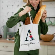 Portable Large-Capacity Simple Beach Bag, School Bag, Commuter Canvas Bag, Sports Backpack, Luggage Bag, Fitness Bag With Personalized Name And A-Z Letter Pattern, Suitable For Business/Commuting/Christmas/Leisure Vacation/Outdoor Outing/Travel/Stadium/Sports/Rock Climbing, Suitable For Girls, Girls, Women, Mothers, Exquisite Gifts - White - View 4