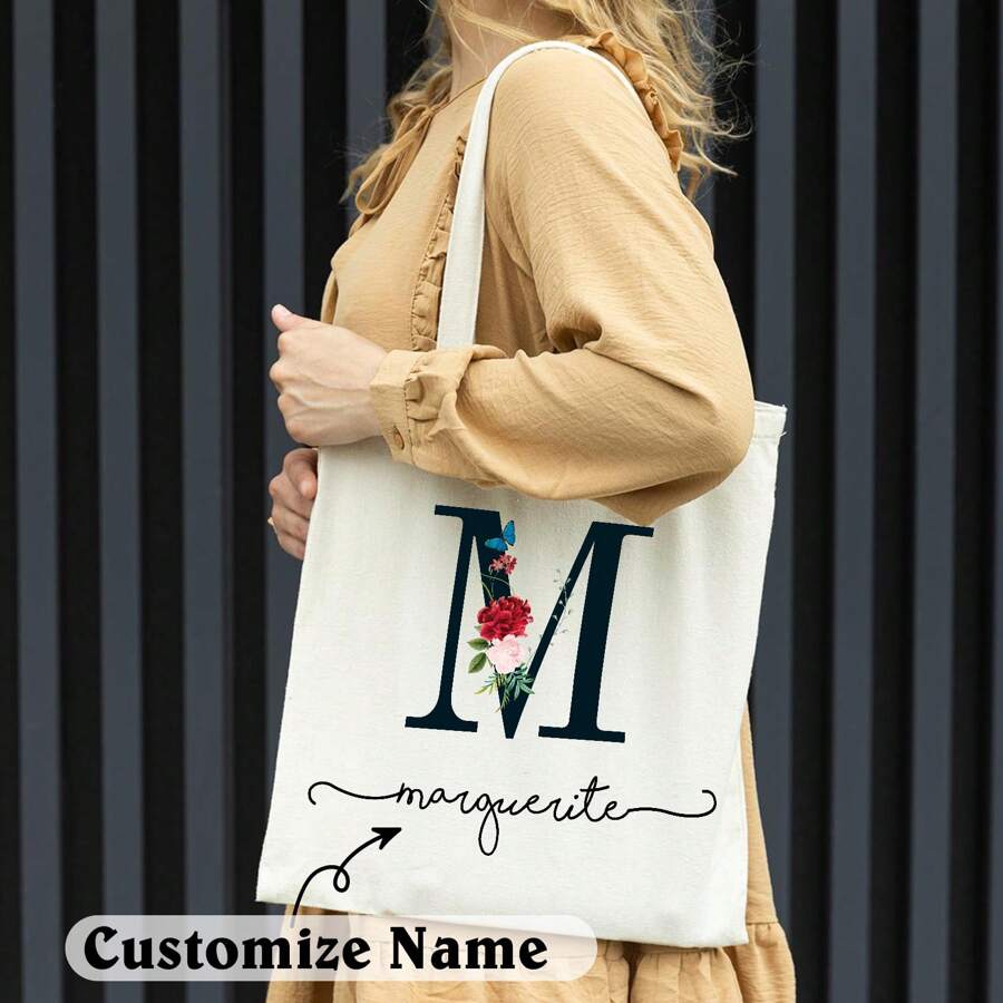 Portable Large-Capacity Simple Beach Bag, School Bag, Commuter Canvas Bag, Sports Backpack, Luggage Bag, Fitness Bag With Personalized Name And A-Z Letter Pattern, Suitable For Business/Commuting/Christmas/Leisure Vacation/Outdoor Outing/Travel/Stadium/Sports/Rock Climbing, Suitable For Girls, Girls, Women, Mothers, Exquisite Gifts - White - View 1