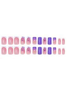 Simple And Cute, 24 Pieces, Long Nails, Square Nails, Purple Nails, Love Nails, Summer Press-On Nails, Fashion Nails, Nail Supplies, Nails, Nails, Suitable For Women And Girls - Purple - View 3