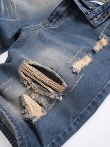 Men's Zipper Fly Straight Leg Ripped Denim Shorts, Non-Elastic, Washed - Blue - View 3