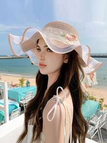 1 pieza Sombrero de verano de mujer estilo bohemio con bordes ondulados, detalle de lazo, ala ancha, sombrero de paja plegable de moda para protección solar al aire libre o diaria, regalo del Día de San Valentín