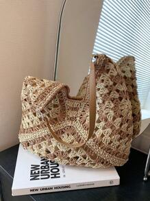 New Fashion Color-Block Woven Shoulder Bag, Handbag For This Season - Khaki - View 3
