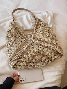 New Fashion Color-Block Woven Shoulder Bag, Handbag For This Season - Khaki - View 8
