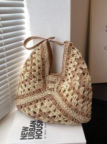 New Fashion Color-Block Woven Shoulder Bag, Handbag For This Season - Khaki - View 2