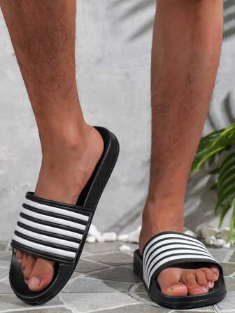 Men's Striped Open Toe Slippers, Lightweight Anti-Slip Quick-Dry Flip Flops For Indoor And Outdoor Walking