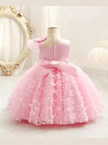 年輕女孩3D蝴蝶網拼接公主裙，蓬松裙擺