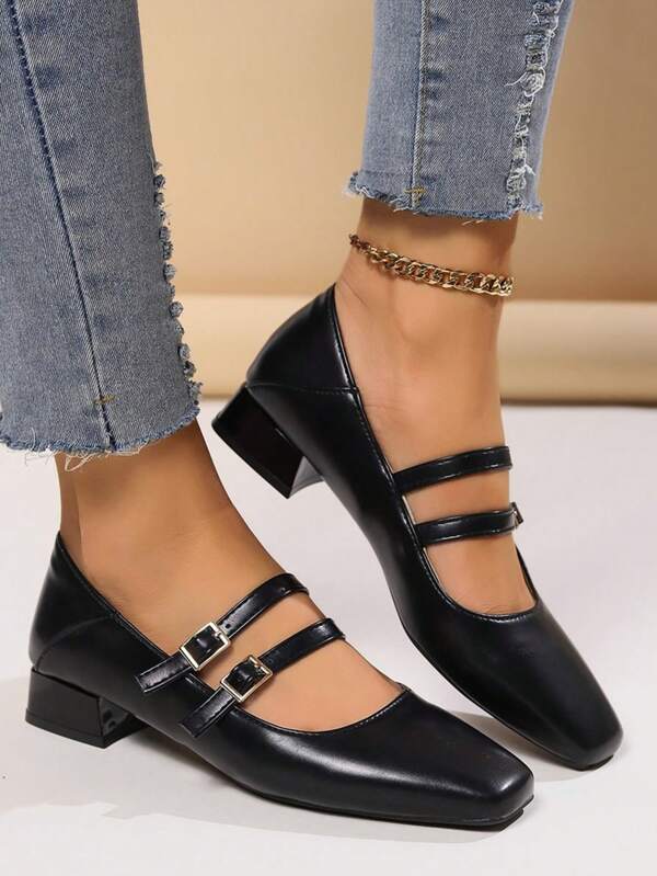Women's Double Buckle Decor Low-Cut Comfortable Mary Jane Casual Shoes, Square Toe Thick Heel Vintage Fashion Versatile Black Flats