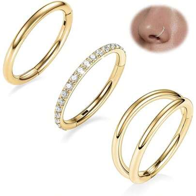 3pcs 316L Stainless Steel Double Hoop Nose Rings 16G/18G/20G Hinged Zirconia Ear Cartilage Piercing Jewelry, Nose Septum Rings, Lip Rings, Ear Cartilage Rings, Ear Helix Rings, Ear Tragus Rings, Ear Studs 7mm/8mm/10mm