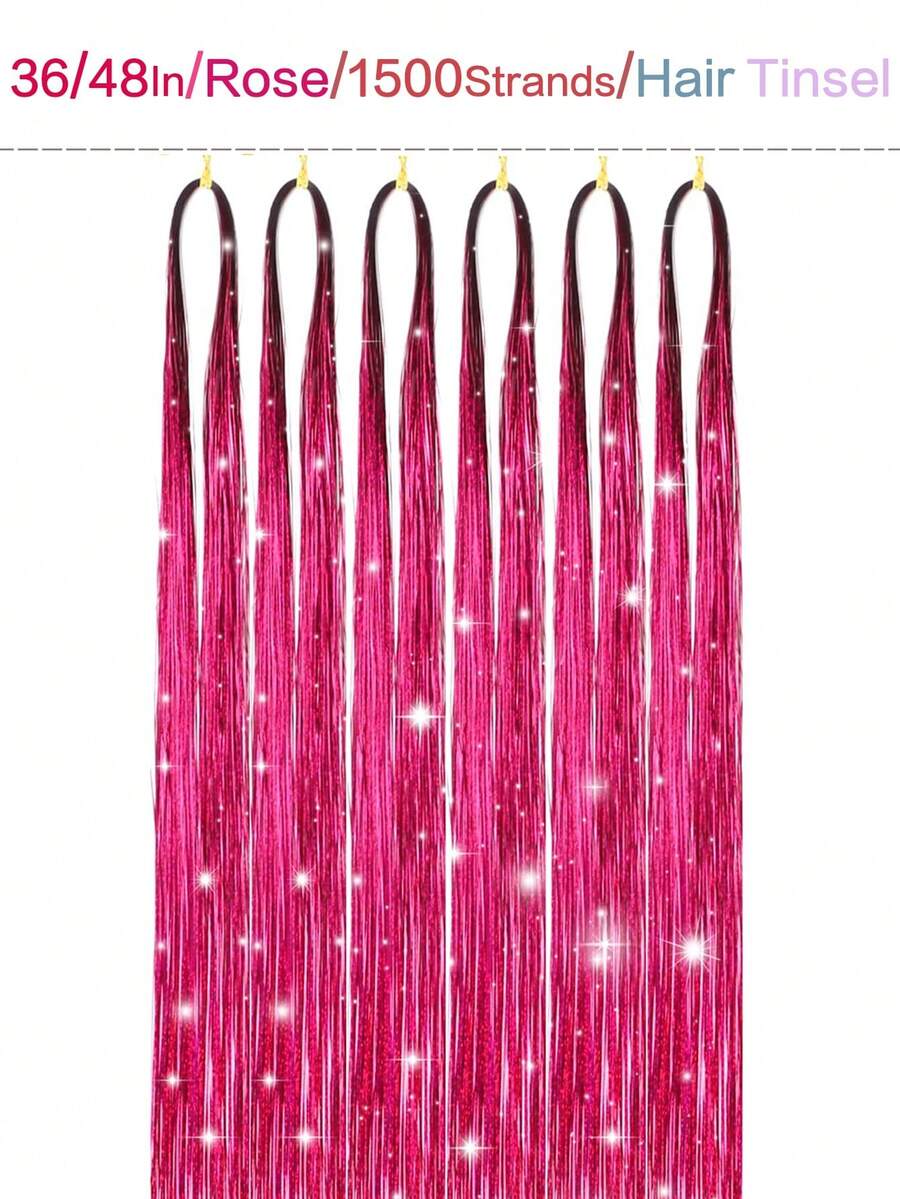 6pcs Rose Hair Tinsel Kit, Fairy Hair Glitter Hair Extensions,Sparkling Shiny Hair Tinsel Tensile Hair Extensions For Women Girls - Hot Pink - View 1