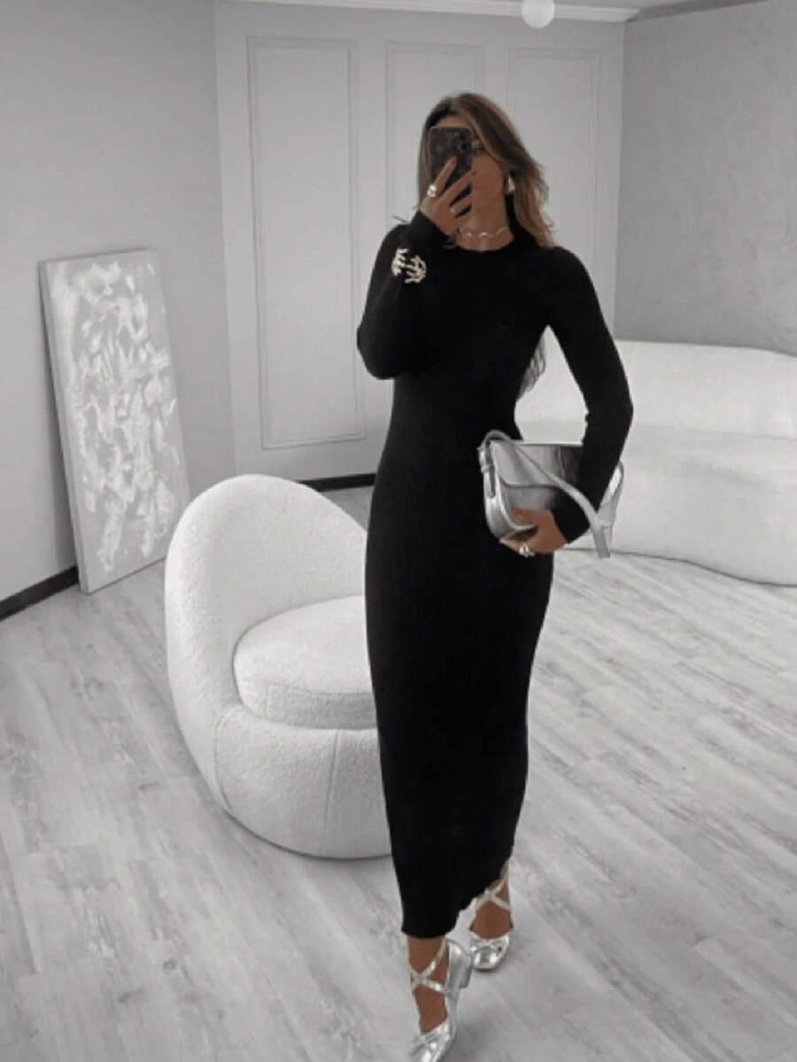 Women Sweater Dresses - 黑色 - 查看 1