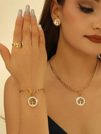 Conjunto de collar y pulsera de cadena de diamante de Acero inoxidable chapado en oro de 18K con diseño de árbol de la vida, pendientes y anillo brillantes con diseños recortados, accesorios para uso diario, juego de vestir para fiestas, juego de joyas nupciales