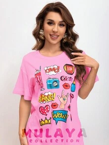 Camiseta de manga corta con dibujo animado para mujer - Rosa - Ver 3