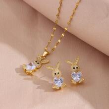 1 Set 18K Gold Plated Luxurious Micro-Inlaid Zirconia Rabbit Necklace And Earrings Jewelry Set, Fashionable Titanium Steel Collaret Necklace And Earrings Accessory Suitable For Daily Wear