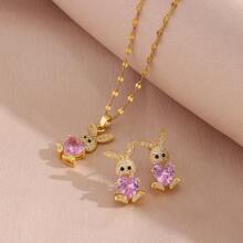 1 Set 18K Gold Plated Luxurious Micro-Inlaid Zirconia Rabbit Necklace And Earrings Jewelry Set, Fashionable Titanium Steel Collaret Necklace And Earrings Accessory Suitable For Daily Wear