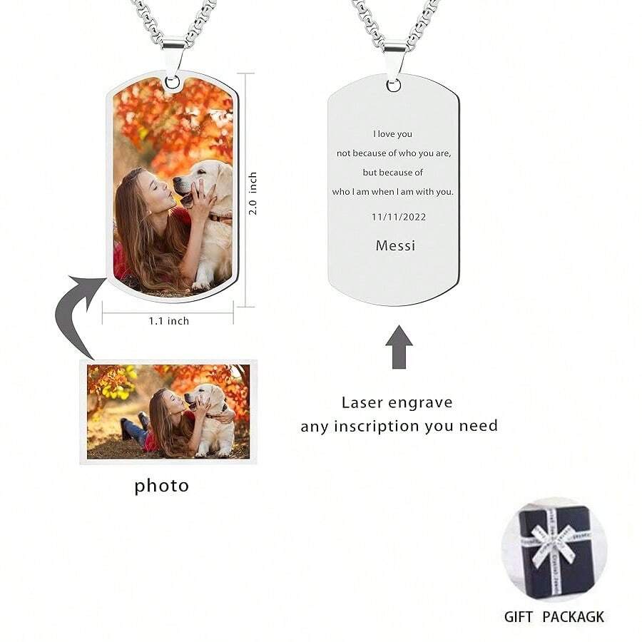 Personalized Dog Tag Pendant Customized For Women With Picture, Engraved Stainless Steel Necklace With Custom Photo And Text As A Gift - Silver - View 1