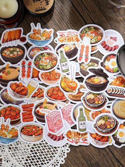 46pcs/Box Mini Stickers Scrapbook Supplies,Street Food Barbecue Noodles Bibimbap And Other Shapes, Decorate Notebook Photo Frame Phone Case Water Cup Junk Magazine Scrapbook DIY