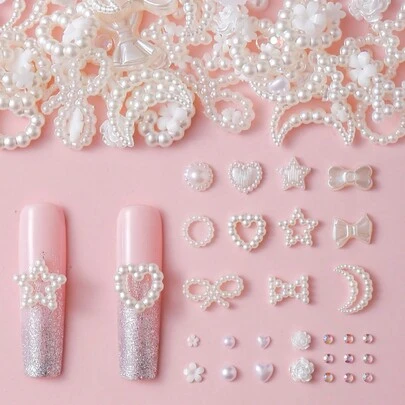 150-200 件 Y2K 3D 白珍珠指甲饰多形状花朵星星蝴蝶结心形珍珠平底亚克力可爱珍珠 3D 美甲饰物适用于美甲 DIY 美甲宝石美甲用品指甲