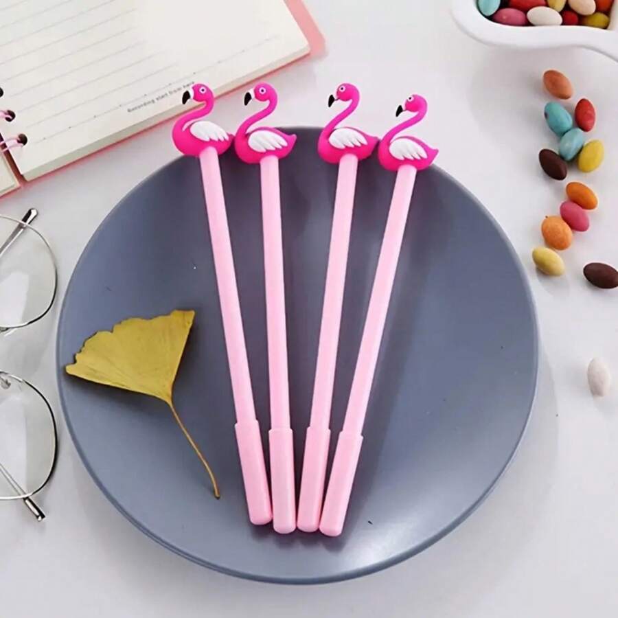 4 chiếc bút trung tính hình chim hồng hạc sáng tạo với đầu silicon màu hồng, bút chữ ký văn phòng phẩm dễ thương - màu đen - Xem 1