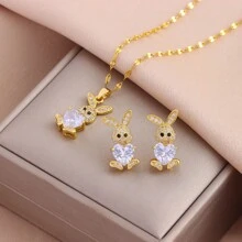 1 Set 18K Gold Plated Luxurious Micro-Inlaid Zirconia Rabbit Necklace And Earrings Jewelry Set, Fashionable Titanium Steel Collaret Necklace And Earrings Accessory Suitable For Daily Wear