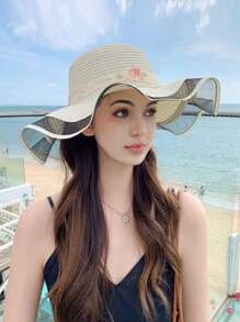 1 pieza Sombrero de verano de mujer estilo bohemio con bordes ondulados, detalle de lazo, ala ancha, sombrero de paja plegable de moda para protección solar al aire libre o diaria, regalo del Día de San Valentín