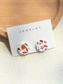1pair Women's Maple Leaf, Fallen Leaf & Dead Leaf Printed Terracotta-Like Round Acrylic Earrings/Studs, Swinging In The Wind