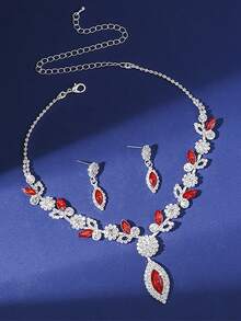 3PCS/ Set Gorgeous Rhinestone Jewelry Set, Flower-Shaped Water Drop Design Women's Necklace Earrings Set, Suitable For Dinner Wedding Parties - Red and White - View 2