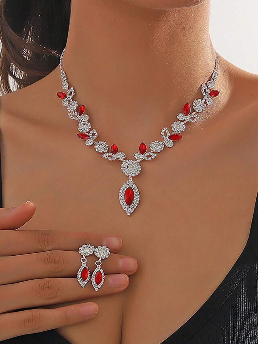 3PCS/ Set Gorgeous Rhinestone Jewelry Set, Flower-Shaped Water Drop Design Women's Necklace Earrings Set, Suitable For Dinner Wedding Parties - Red and White - View 1