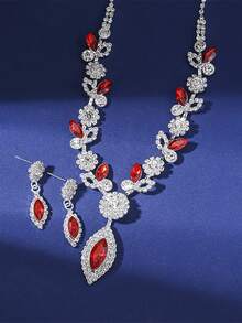 3PCS/ Set Gorgeous Rhinestone Jewelry Set, Flower-Shaped Water Drop Design Women's Necklace Earrings Set, Suitable For Dinner Wedding Parties - Red and White - View 3