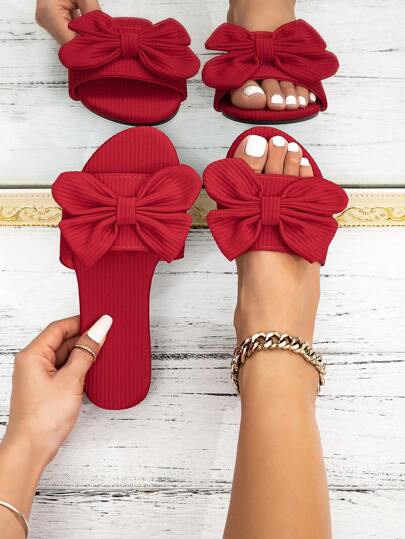 Women's Fashion Flat Sandals, Spring/Summer Beach Anti-Skid Cute Slippers, Red Stripe Flat Heel Sandals, Elegant Bowknot, European And American Style Slippers