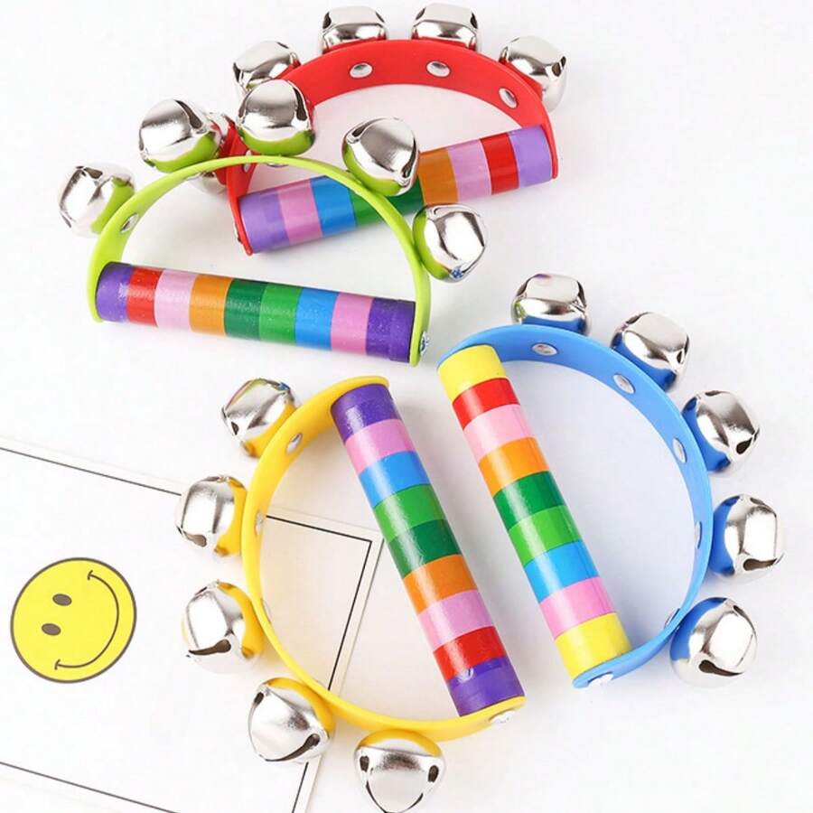 1pc Wooden Handheld Bell With Leather Strip And Five Bells, Musical Instrument Toy For Indoor Use - Multicolor - View 1