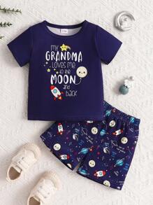 Conjunto de 2 piezas de niño bebé: camiseta de manga corta con estampado de cohete y cuello redondo y pantalones cortos informales, verano