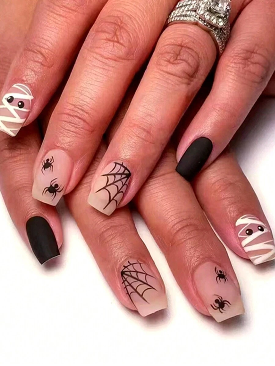 Halloween 24pcs Beautiful Handmade Short False Nails, Square & Rounded Shape, Matte Black Spider Web Pattern, Women's Wear, Nail Art Tips Set Including 1pc Jelly Glue And 1pc Nail File - Multicolor - View 1