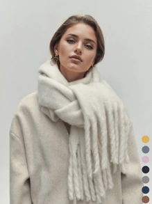 1pc Multi-Colored Women's Solid Plush White Scarf, Thickened Imitation Cashmere, Winter, With Tassels, Soft, Elegant, Fluffy, Slouchy, Romantic, Perfect Gift For Girlfriend Accessories Women