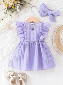 Baby Girl Purple Ruffle Floral Bow Decor Cute Summer Dress - Purple - View 2