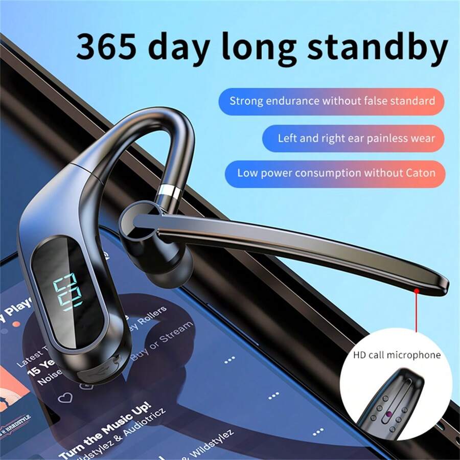 KJ12 Wireless Bluetooth Earphone, Ear-Hook Style, Business Headset With 5.0 Display Screen For Battery Level - Black - View 1