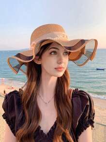 1 pieza Sombrero de verano de mujer estilo bohemio con bordes ondulados, detalle de lazo, ala ancha, sombrero de paja plegable de moda para protección solar al aire libre o diaria, regalo del Día de San Valentín