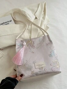 复古帆布斜挎包，简约复古单肩包，女士休闲手提包/托特包 - 粉色 - 查看 3