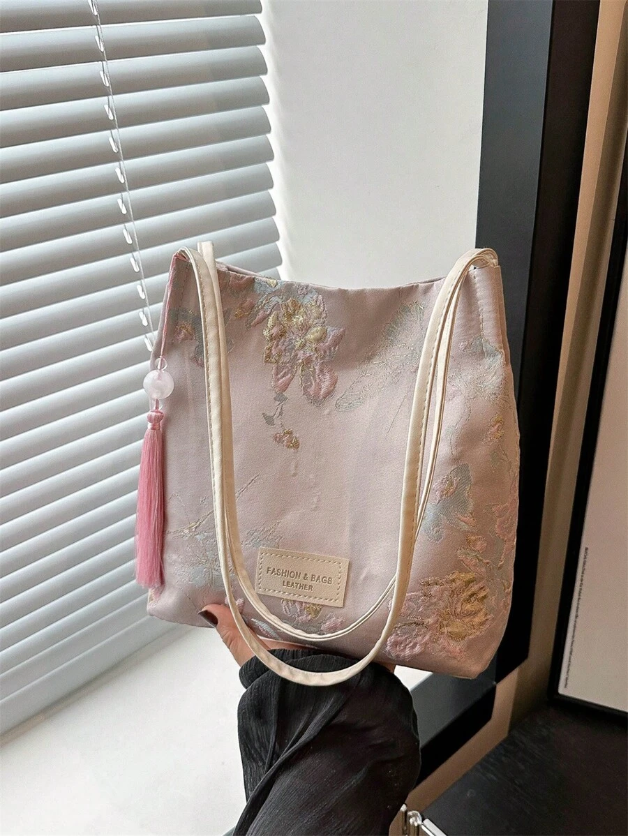 复古帆布斜挎包，简约复古单肩包，女士休闲手提包/托特包 - 粉色 - 查看 1