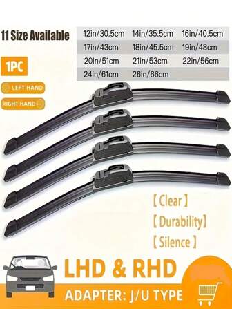 1入組通用U型無骨車用雨刷片，擋風玻璃擦拭橡膠條